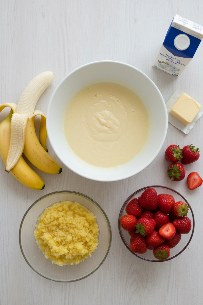 Banana Split Dump Cake with Cream Topping